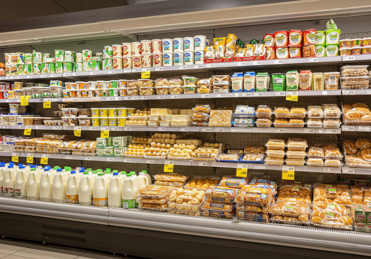 Dairy and bakery section with fresh paneer and Indian sweets