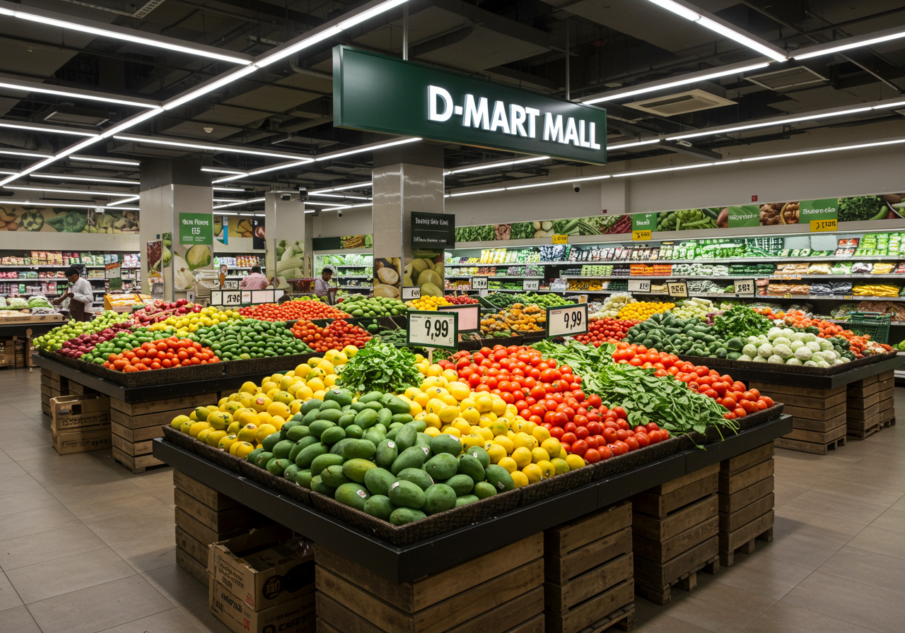 Fresh fruits and vegetables section — colorful Indian produce display