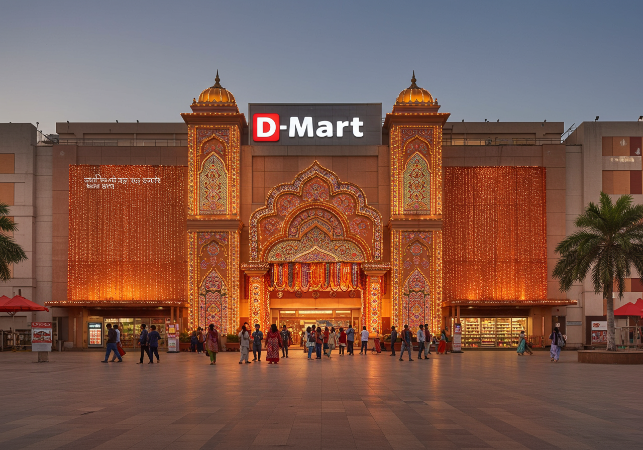 D-Mart Mall grand entrance — Ahmedabad Gujarat festive lighting